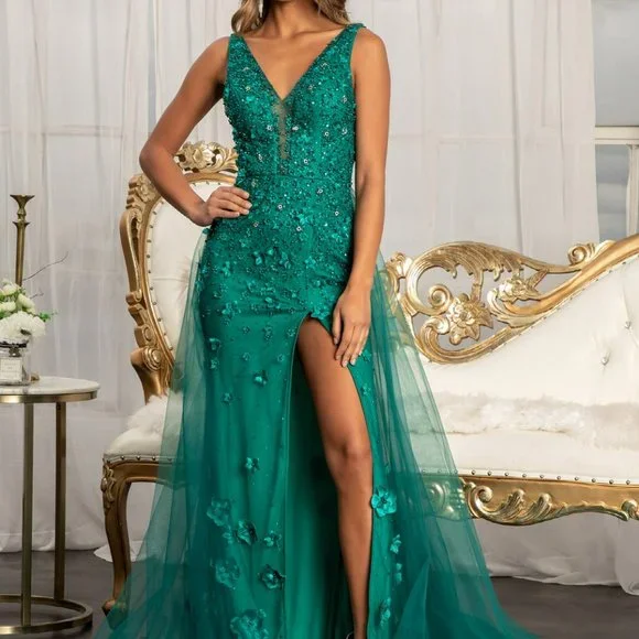 Rhinestone Embellished Mesh Mermaid Dress w/ 3-D Flower and Detached Layer G3011